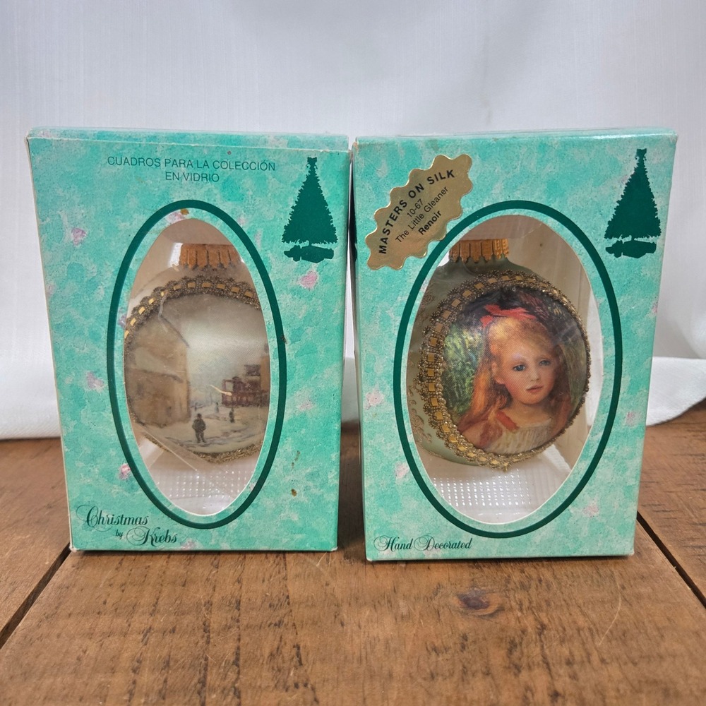 Vintage Christmas by Krebs 1992 Masters on Silk Renoir Glass Ornaments Set of 2